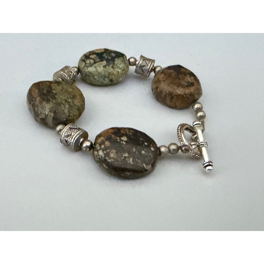 Chunky Stone Bracelet‎ 7 in Brown Green  Boho Toggle Clasp